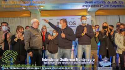 Un momento del festejo, previo a la conferencia de prensa. El Intendente Guillermo Montenegro, Alejandro Rabinovich, Viviana Bernabei, Fernando Muro, además de Daniel Núñez y Vilma Baragiola de la UCR, entre otros.