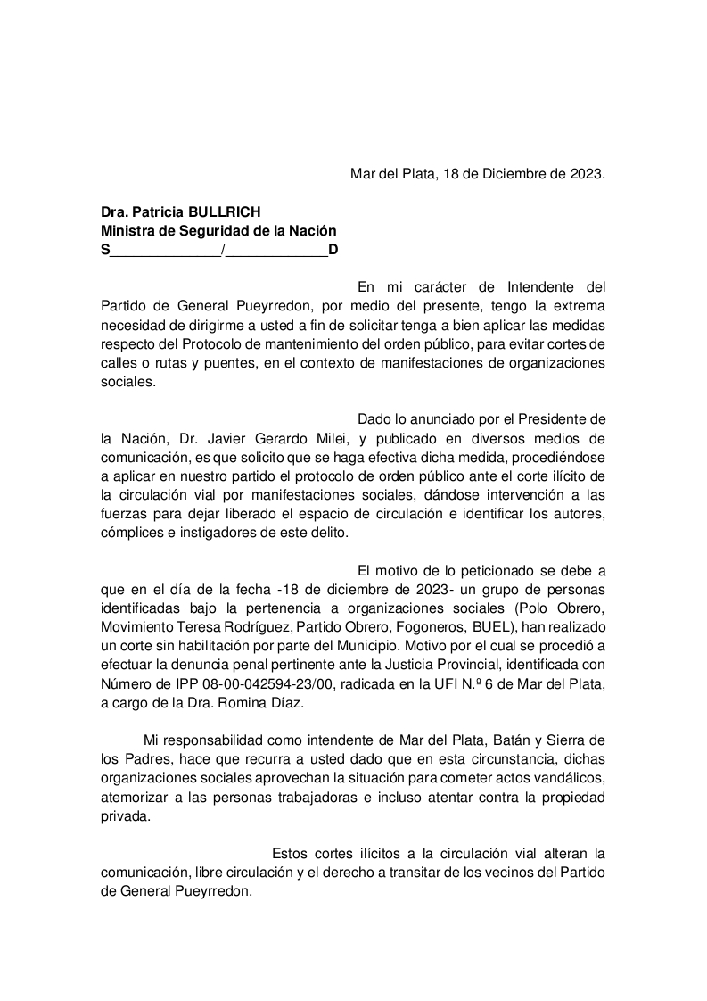 La Carta enviada a la Ministra de Seguridad de la Nación Patricia Bullrich - 18 diciembre 2023