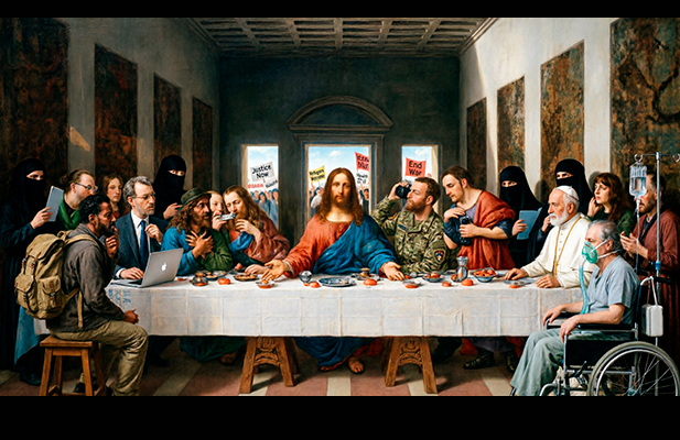 imagen de la última cena -adaptada- tal como aparece en la nota original del Dr Rodolfo Terragno bajo el título de León XIV, contra la pobreza y la guerra.