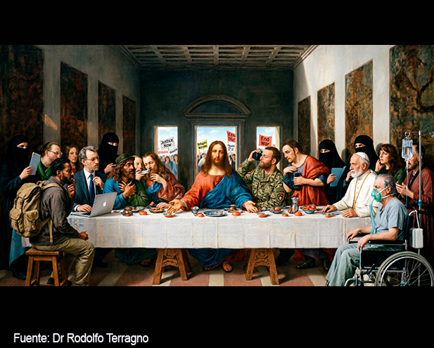 imagen de la última cena -adaptada- tal como aparece en la nota original del Dr Rodolfo Terragno bajo el título de León XIV, contra la pobreza y la guerra.